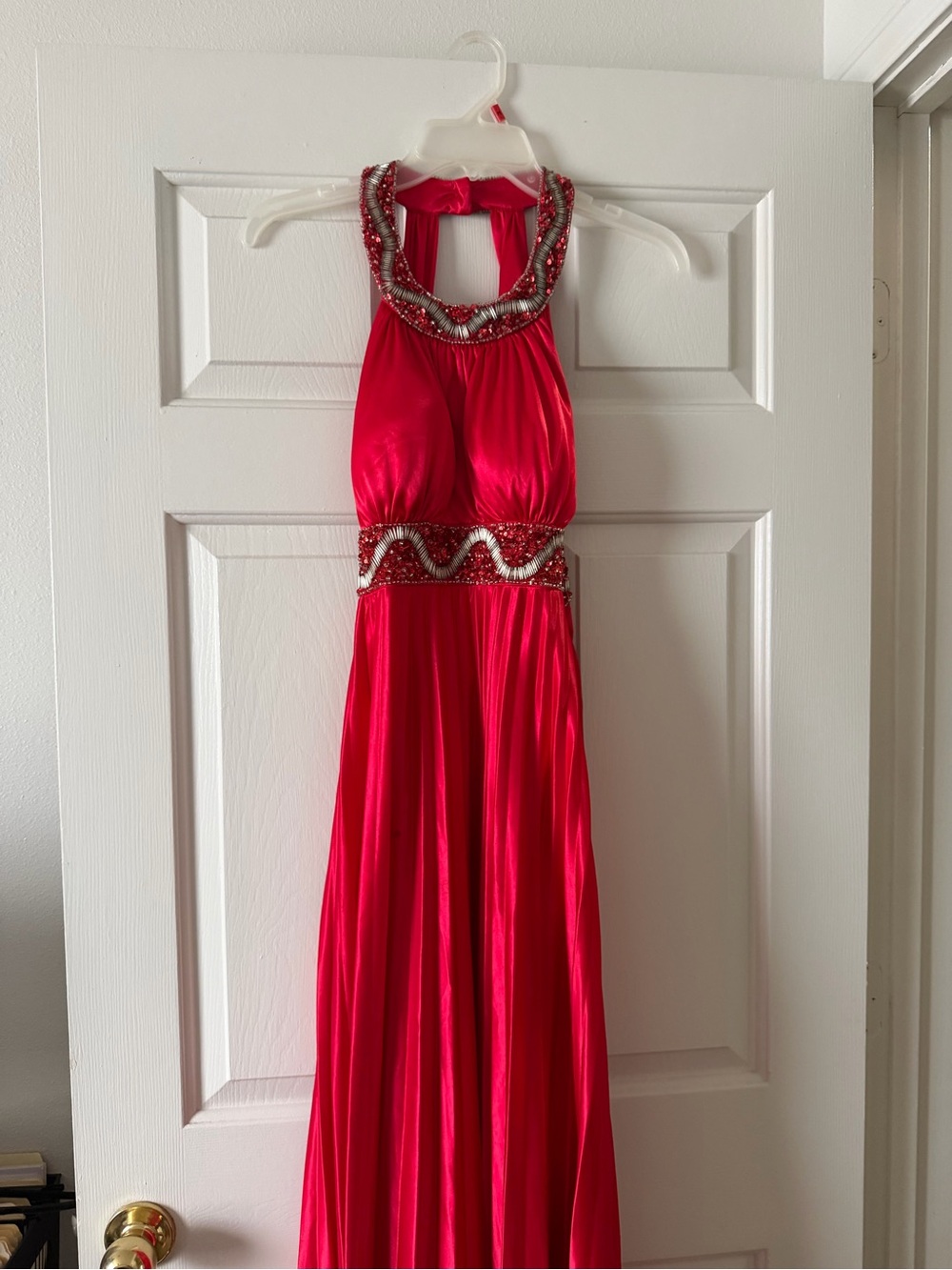 Red satin beaded sequin formal from maxi gown open back dress size medium